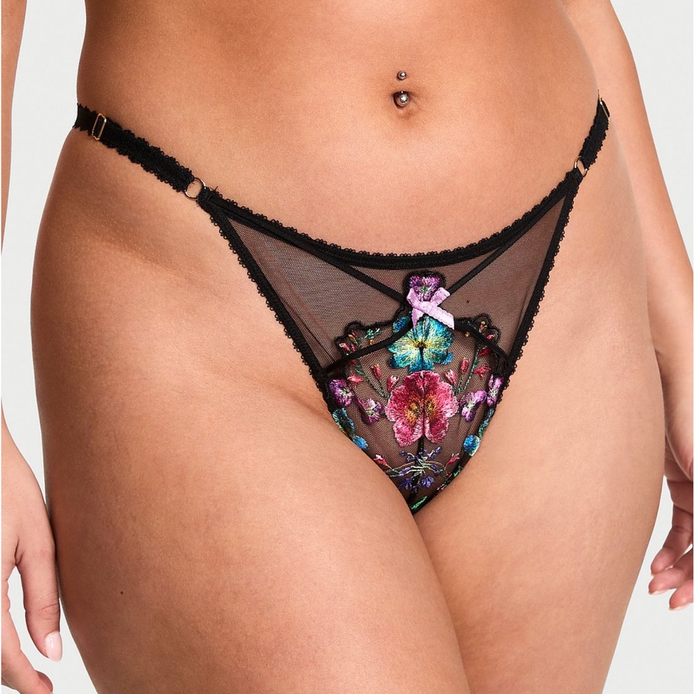 NWT Victorias Secret Dark Blossom Embroidered High Leg Thong Size M